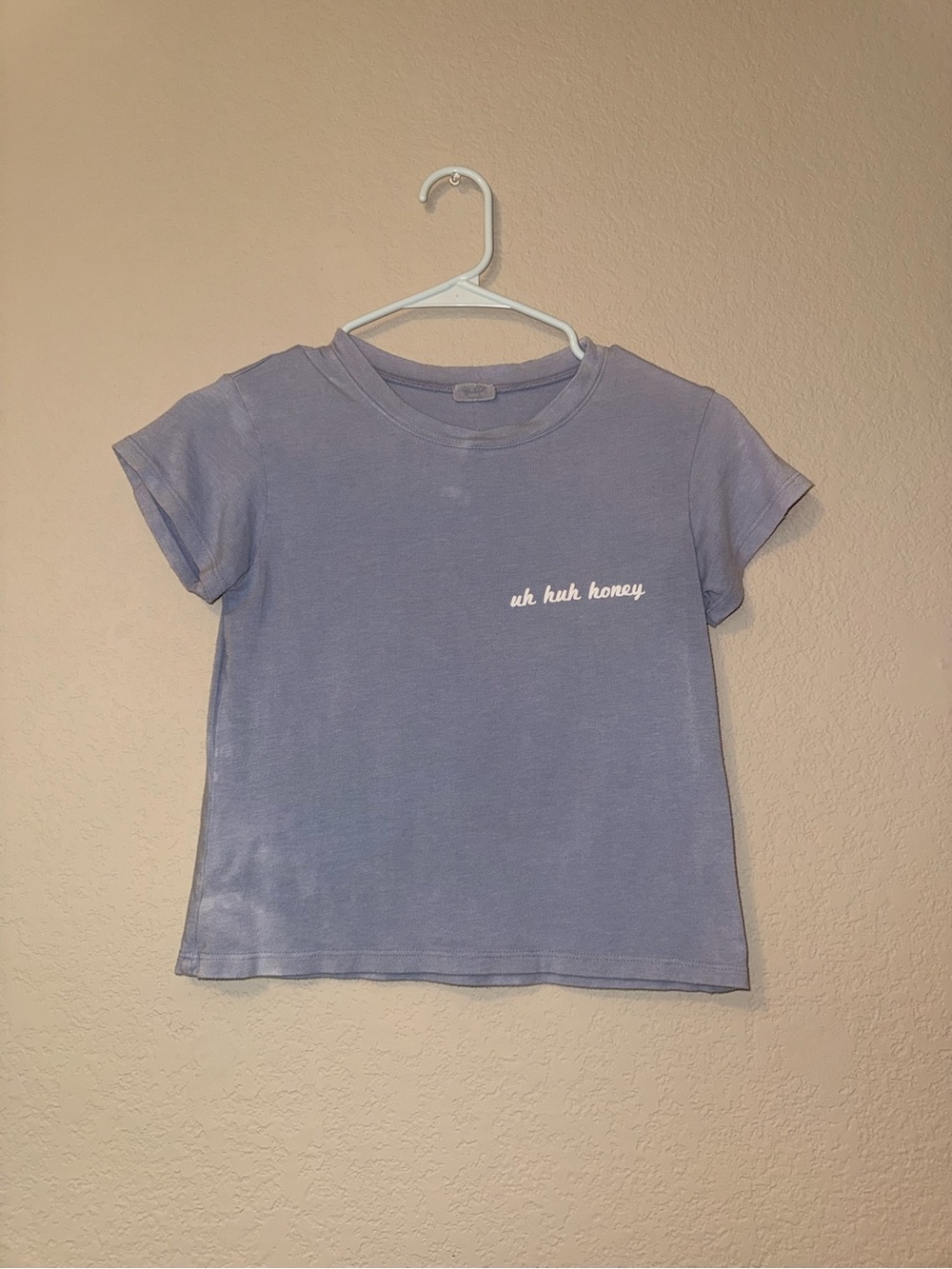 Brandy Melville Distressed Blue 'uh huh honey' Crop Tee     *Slight Bleach Marks